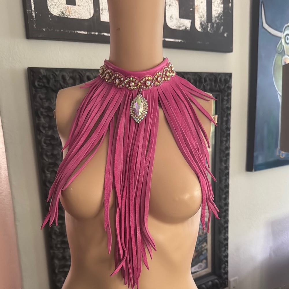 Art by Amy Pink Leather Fringe Crystal Choker Necklace with Crystal Pendant